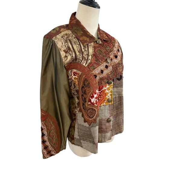 Vtg 90s Life Style Petite Jacket Patch‎ Work Velvet Burn Out Fall Boho Sz M Art - Picture 4 of 13